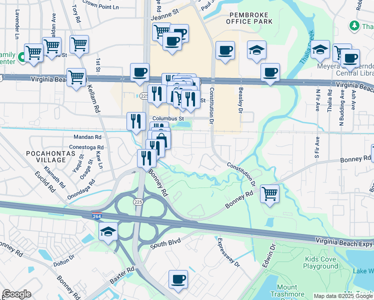 map of restaurants, bars, coffee shops, grocery stores, and more near 337 Ferdinand Circle in Virginia Beach