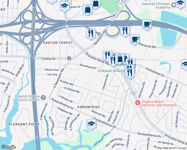 map of restaurants, bars, coffee shops, grocery stores, and more near 5617 Morningside Court in Virginia Beach