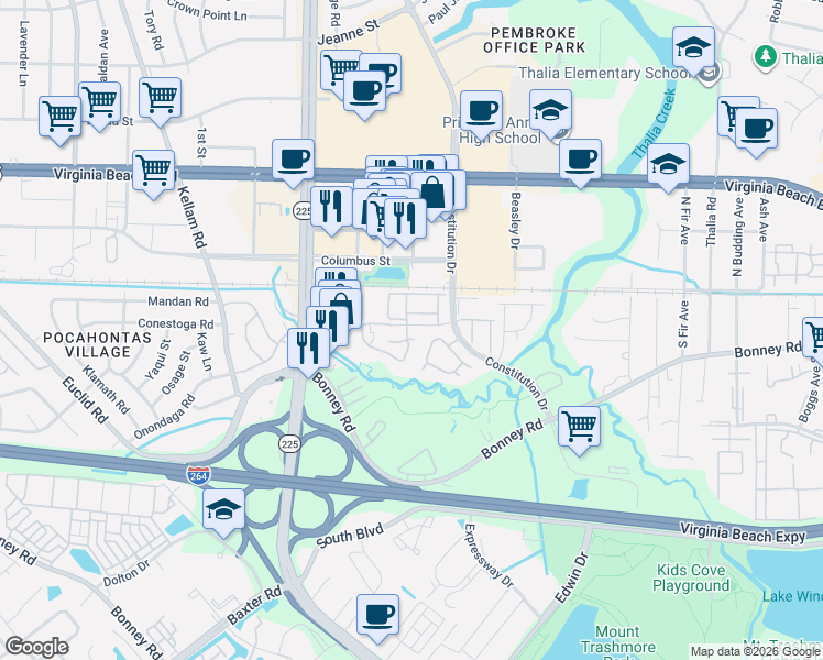 map of restaurants, bars, coffee shops, grocery stores, and more near 202 Ferdinand Circle in Virginia Beach