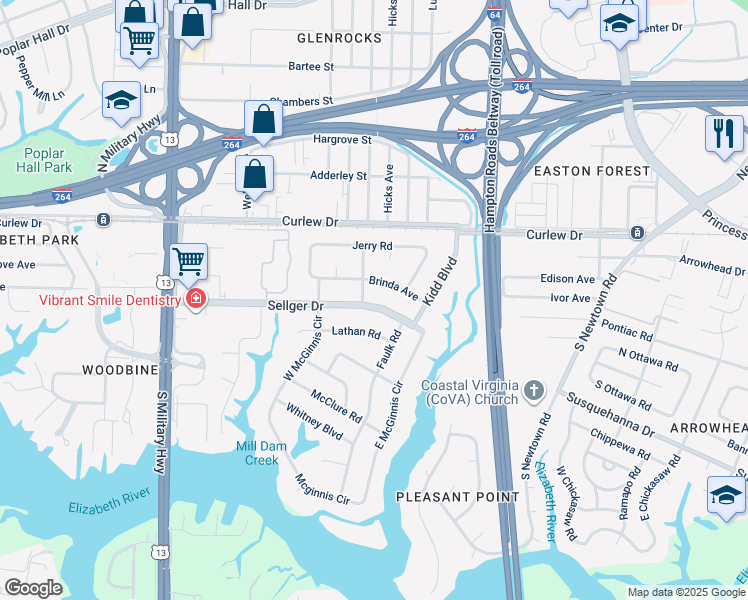 map of restaurants, bars, coffee shops, grocery stores, and more near 5932 Sellger Drive in Norfolk