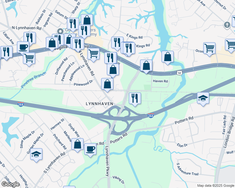 map of restaurants, bars, coffee shops, grocery stores, and more near 305 Lynnhaven Parkway in Virginia Beach