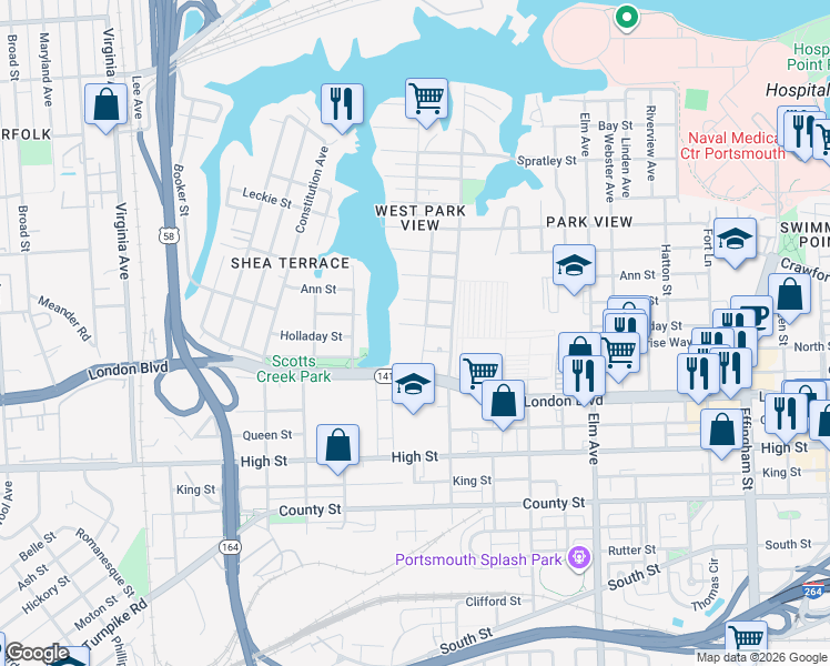 map of restaurants, bars, coffee shops, grocery stores, and more near 1717 Holladay Street in Portsmouth