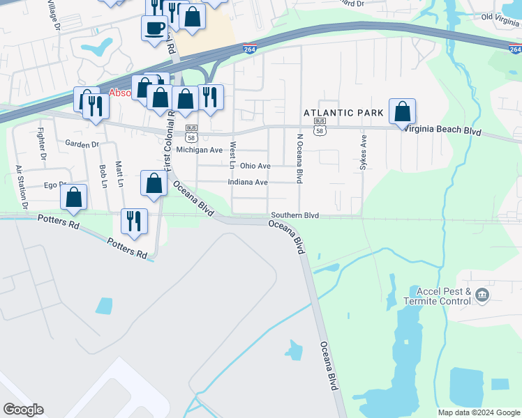 map of restaurants, bars, coffee shops, grocery stores, and more near 1538 Southern Boulevard in Virginia Beach