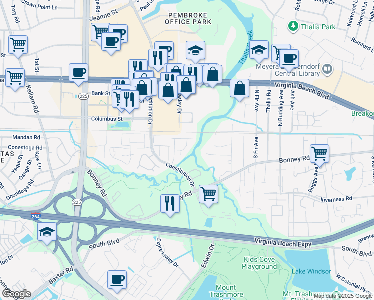 map of restaurants, bars, coffee shops, grocery stores, and more near 118 Seaside Lane in Virginia Beach