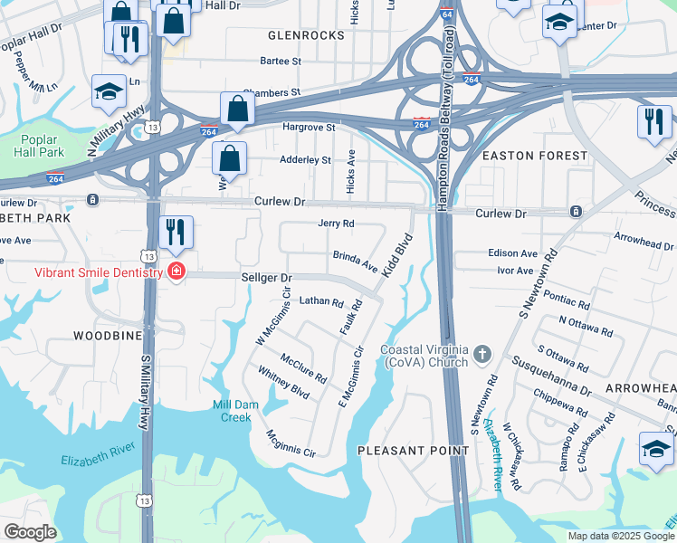 map of restaurants, bars, coffee shops, grocery stores, and more near 5932 Sellger Drive in Norfolk