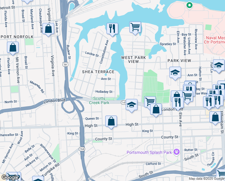 map of restaurants, bars, coffee shops, grocery stores, and more near 1923 Holladay Street in Portsmouth