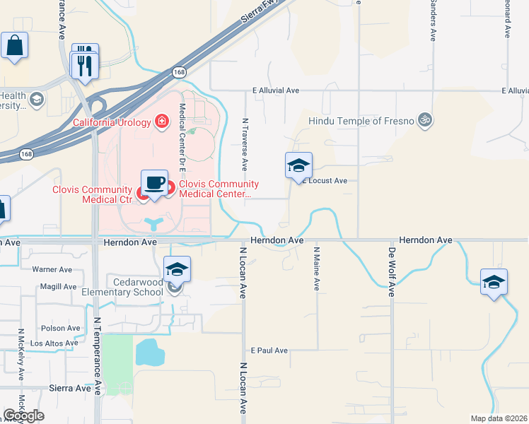map of restaurants, bars, coffee shops, grocery stores, and more near 7177 East Fir Avenue in Clovis