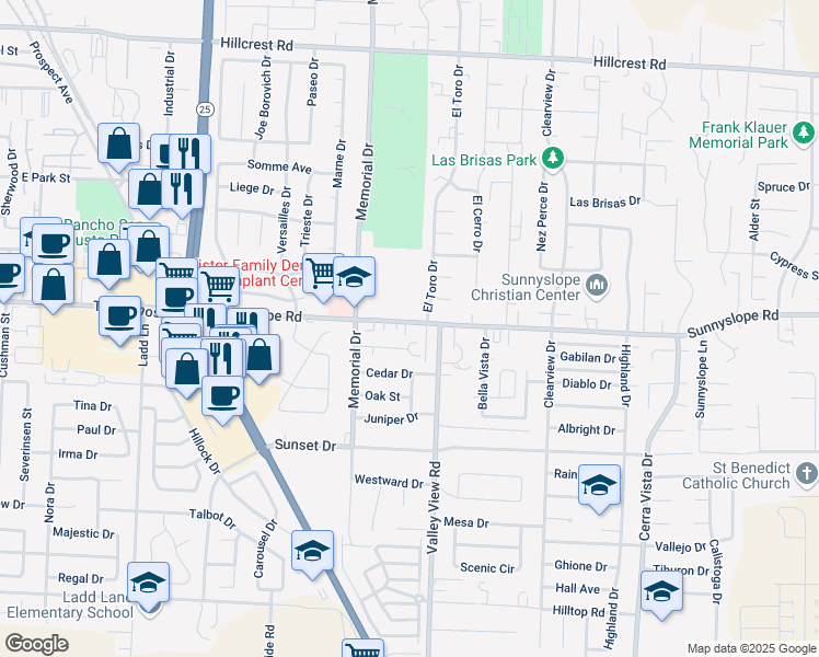 map of restaurants, bars, coffee shops, grocery stores, and more near 1101 Sunnyslope Road in Hollister