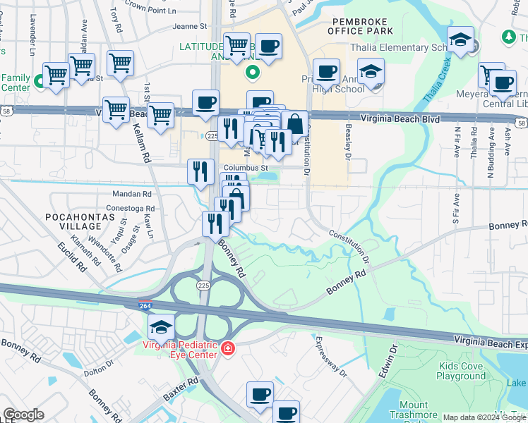 map of restaurants, bars, coffee shops, grocery stores, and more near 323 Ferdinand Circle in Virginia Beach