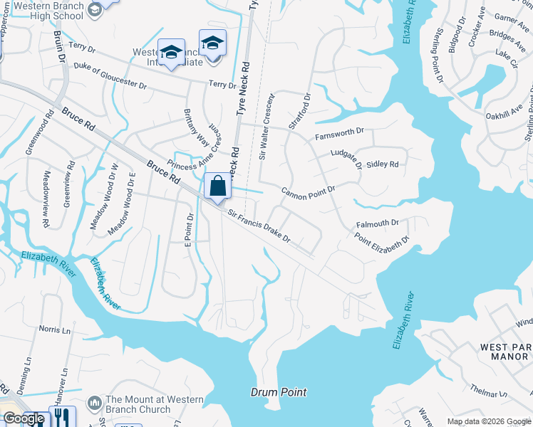 map of restaurants, bars, coffee shops, grocery stores, and more near 3838 Whitechapel Arch in Chesapeake