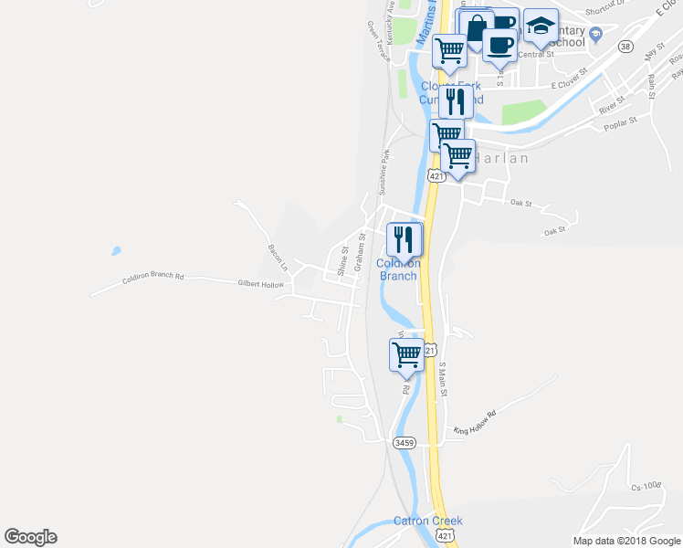 map of restaurants, bars, coffee shops, grocery stores, and more near 53 Wallins Street in Harlan