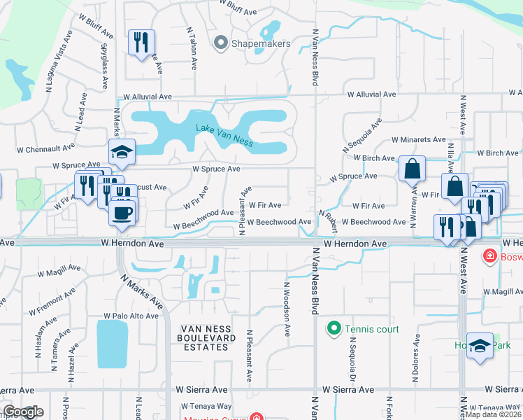 map of restaurants, bars, coffee shops, grocery stores, and more near 2522 West Beechwood Avenue in Fresno