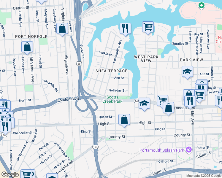 map of restaurants, bars, coffee shops, grocery stores, and more near 2022 Holladay Street in Portsmouth