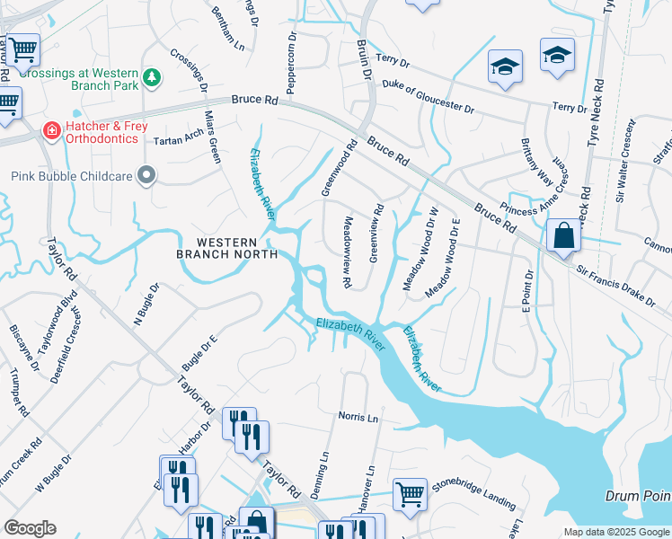map of restaurants, bars, coffee shops, grocery stores, and more near 2832 Meadowview Road in Chesapeake