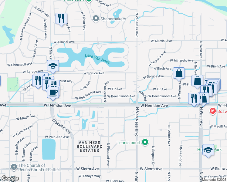 map of restaurants, bars, coffee shops, grocery stores, and more near 2522 West Beechwood Avenue in Fresno