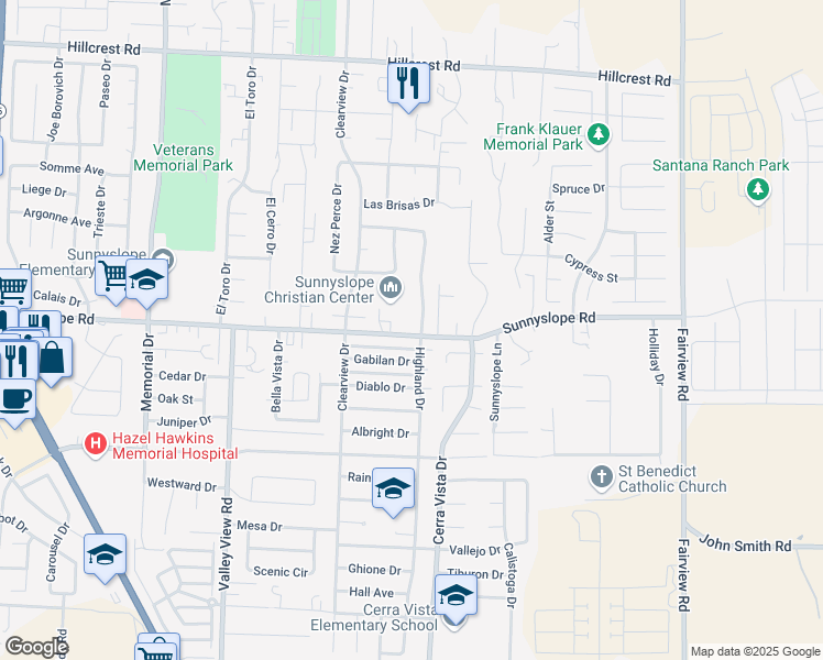 map of restaurants, bars, coffee shops, grocery stores, and more near 1591 Sunnyslope Road in Hollister