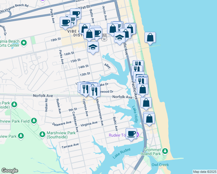 map of restaurants, bars, coffee shops, grocery stores, and more near 1008 The Midway in Virginia Beach