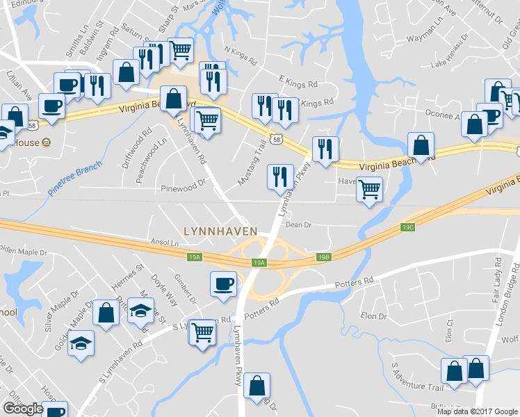 map of restaurants, bars, coffee shops, grocery stores, and more near 305 Lynnhaven Parkway in Virginia Beach