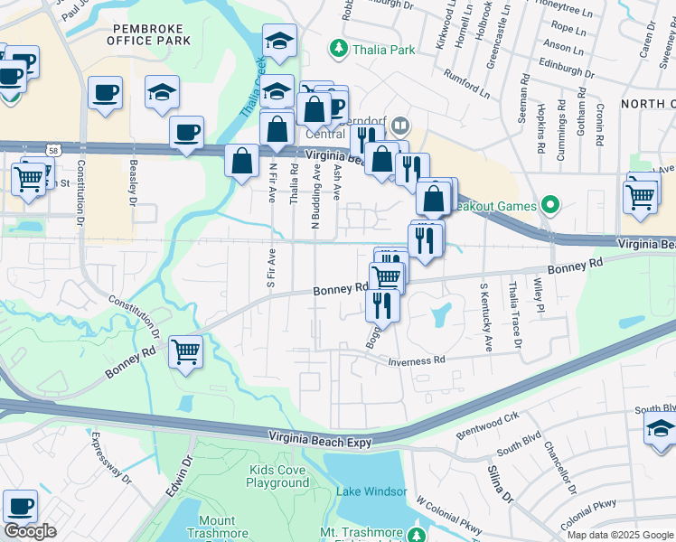 map of restaurants, bars, coffee shops, grocery stores, and more near 4142 Bonney Road in Virginia Beach