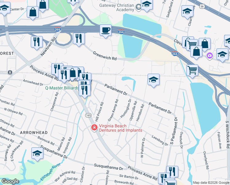 map of restaurants, bars, coffee shops, grocery stores, and more near 155 Green Kemp Road in Virginia Beach