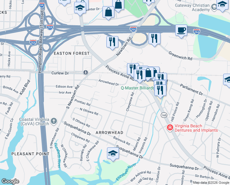 map of restaurants, bars, coffee shops, grocery stores, and more near 5700 Morningside Court in Virginia Beach