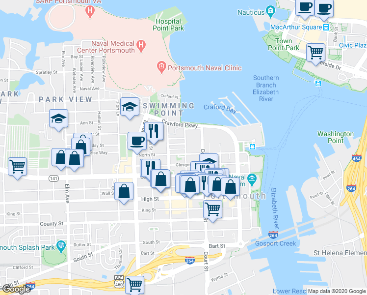 map of restaurants, bars, coffee shops, grocery stores, and more near 424 North Street in Portsmouth