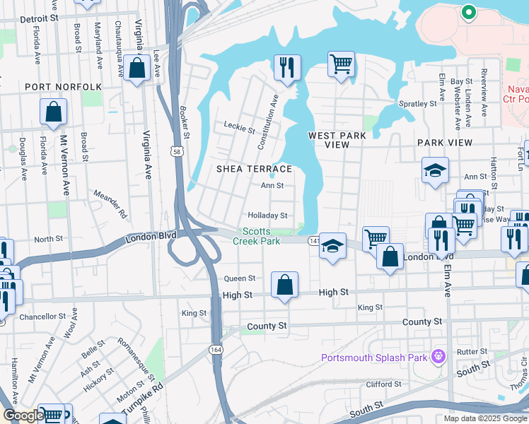 map of restaurants, bars, coffee shops, grocery stores, and more near 2017 Holladay Street in Portsmouth