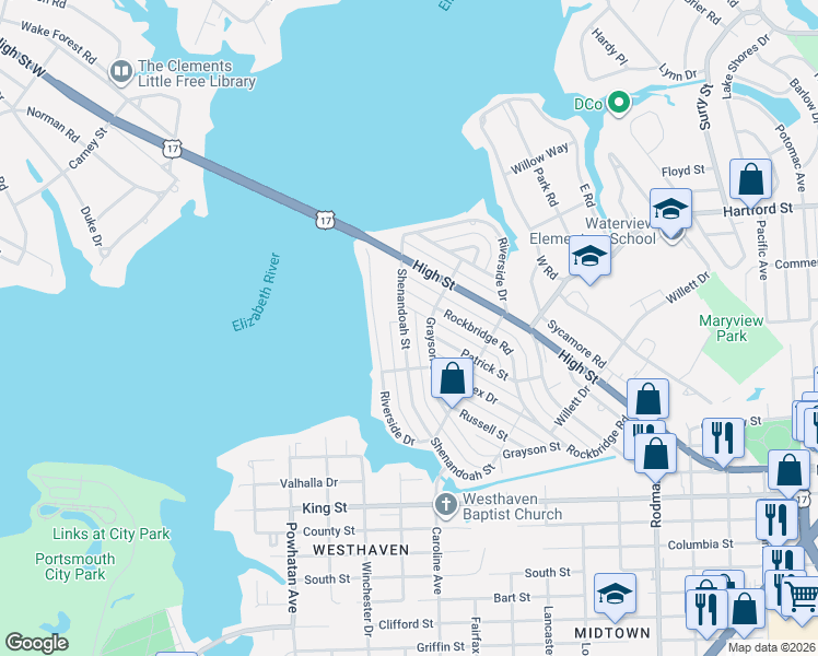map of restaurants, bars, coffee shops, grocery stores, and more near 438 Shenandoah Street in Portsmouth