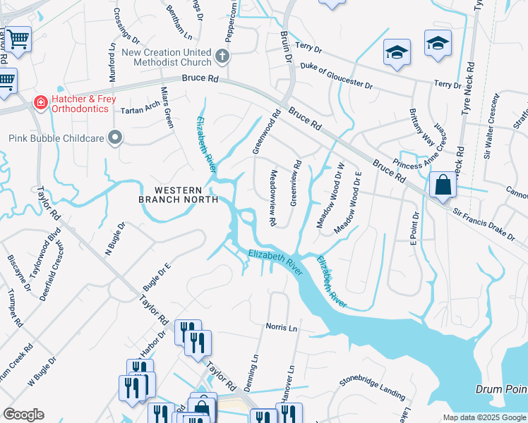 map of restaurants, bars, coffee shops, grocery stores, and more near 2833 Meadowview Road in Chesapeake