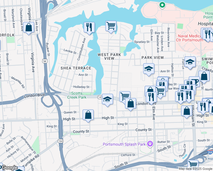 map of restaurants, bars, coffee shops, grocery stores, and more near 1717 Holladay Street in Portsmouth