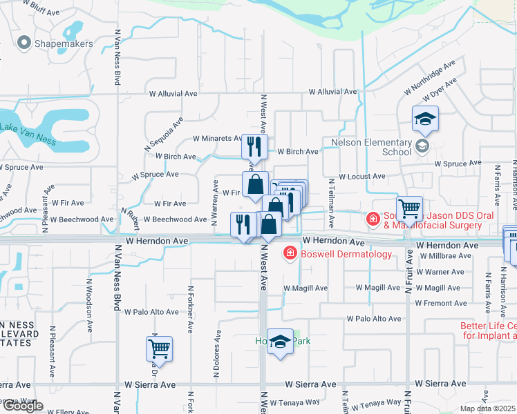 map of restaurants, bars, coffee shops, grocery stores, and more near East Jensen Ave Bypass in Fresno