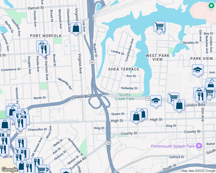 map of restaurants, bars, coffee shops, grocery stores, and more near 313 Sandpiper Drive in Portsmouth