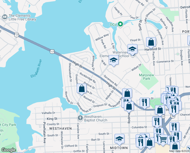 map of restaurants, bars, coffee shops, grocery stores, and more near 3745 High Street in Portsmouth