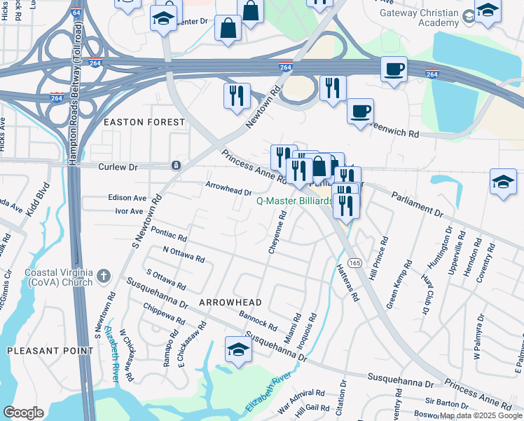 map of restaurants, bars, coffee shops, grocery stores, and more near 107 Comanche Court South in Virginia Beach