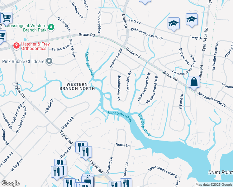 map of restaurants, bars, coffee shops, grocery stores, and more near 2832 Meadowview Road in Chesapeake