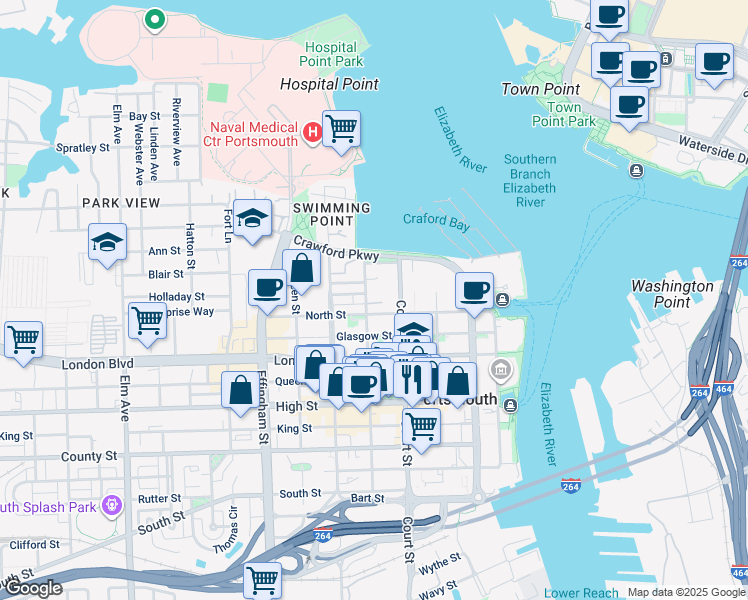 map of restaurants, bars, coffee shops, grocery stores, and more near 329 Dinwiddie Street in Portsmouth