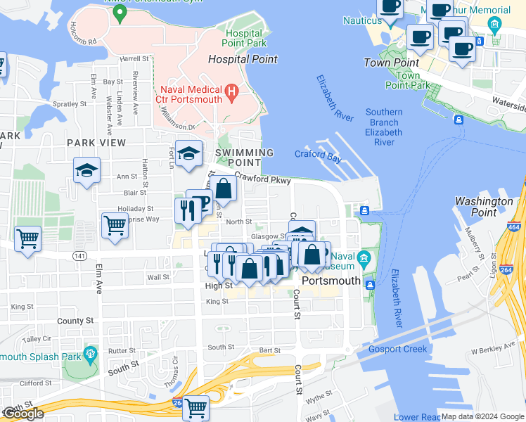 map of restaurants, bars, coffee shops, grocery stores, and more near 511 Hampton Place in Portsmouth