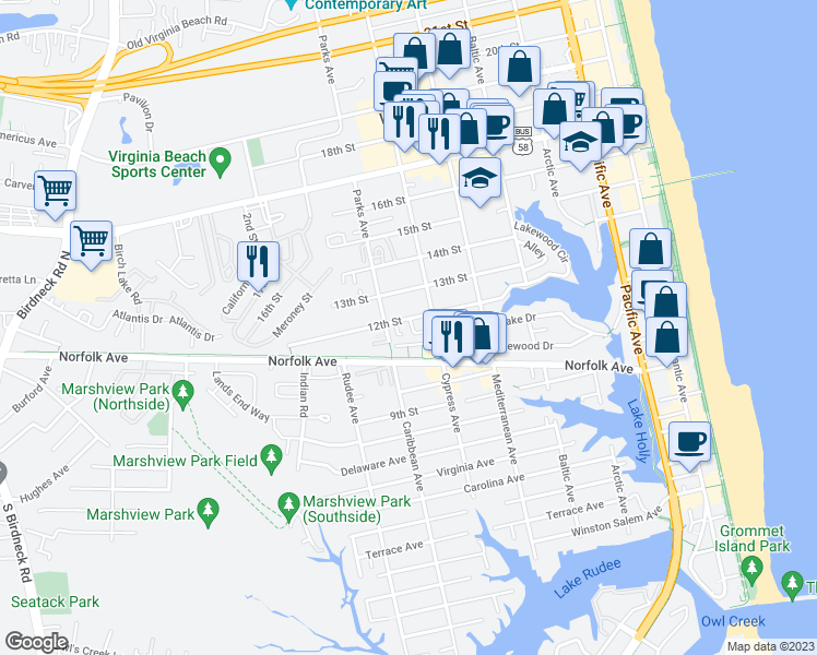 map of restaurants, bars, coffee shops, grocery stores, and more near 737 Sea Oaks Court in Virginia Beach