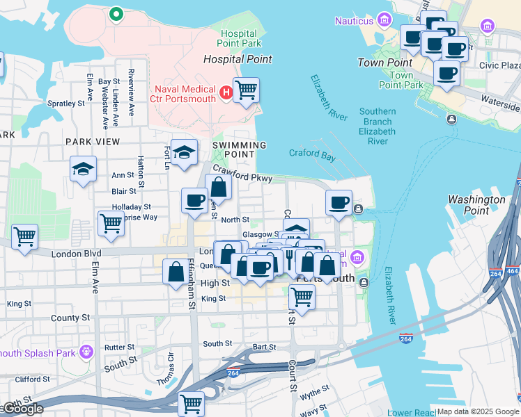 map of restaurants, bars, coffee shops, grocery stores, and more near 501 Hampton Place in Portsmouth