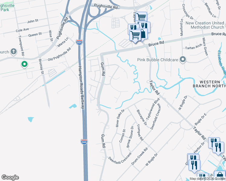 map of restaurants, bars, coffee shops, grocery stores, and more near 4602 Deer Trail in Chesapeake
