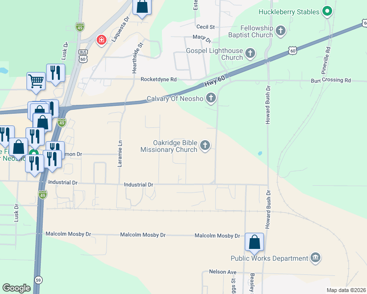 map of restaurants, bars, coffee shops, grocery stores, and more near 908-2803 Neosho Heights Circle in Neosho