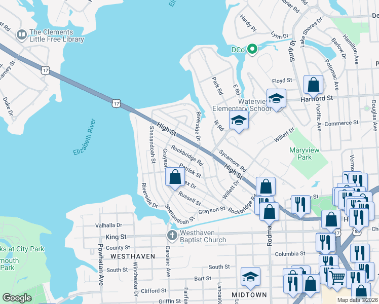 map of restaurants, bars, coffee shops, grocery stores, and more near 505 Rockbridge Road in Portsmouth