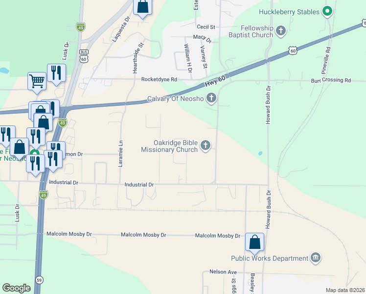 map of restaurants, bars, coffee shops, grocery stores, and more near 908-2803 Neosho Heights Circle in Neosho