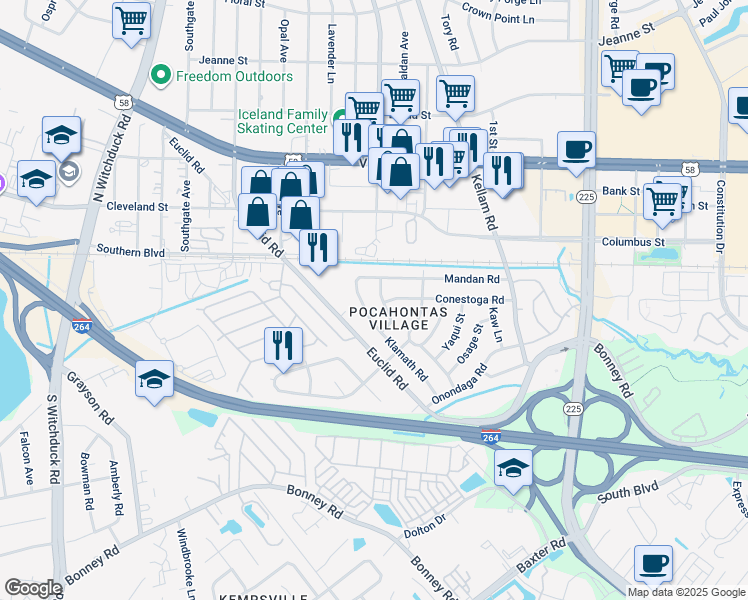 map of restaurants, bars, coffee shops, grocery stores, and more near 4924 Klamath Road in Virginia Beach