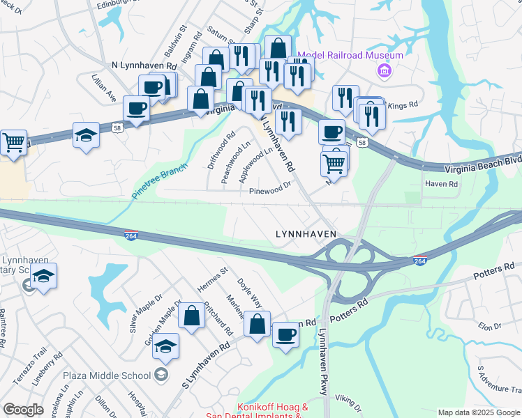 map of restaurants, bars, coffee shops, grocery stores, and more near 109 Bassett Avenue in Virginia Beach