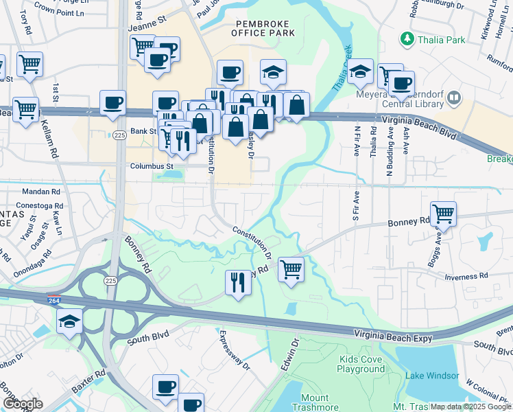 map of restaurants, bars, coffee shops, grocery stores, and more near 118 Seaside Lane in Virginia Beach