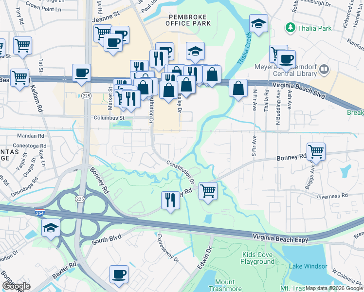 map of restaurants, bars, coffee shops, grocery stores, and more near 118 Seaside Lane in Virginia Beach