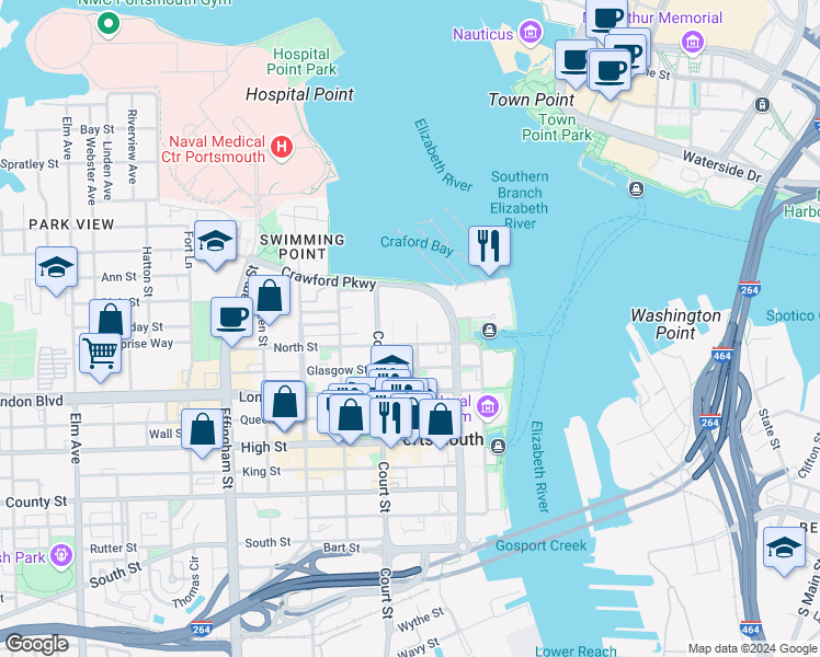 map of restaurants, bars, coffee shops, grocery stores, and more near 316 North Street in Portsmouth