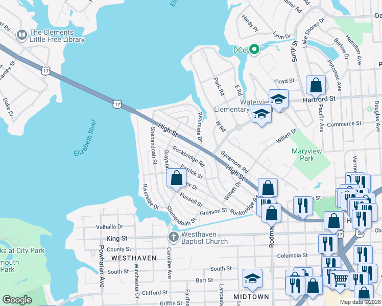 map of restaurants, bars, coffee shops, grocery stores, and more near 505 Rockbridge Road in Portsmouth
