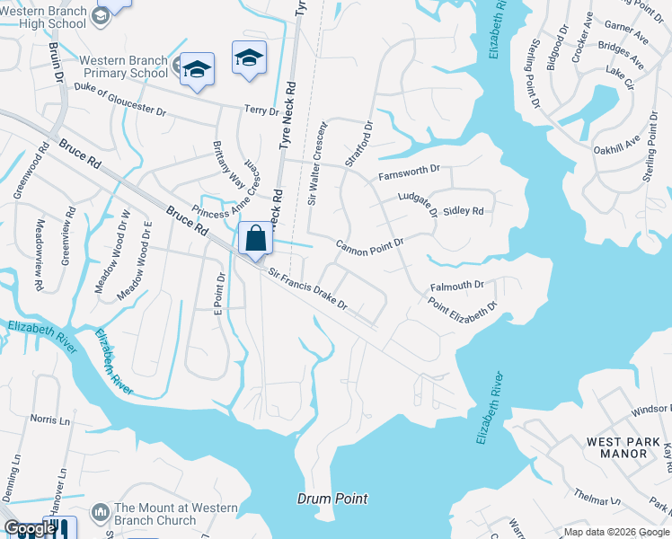 map of restaurants, bars, coffee shops, grocery stores, and more near 3843 Whitechapel Arch in Chesapeake